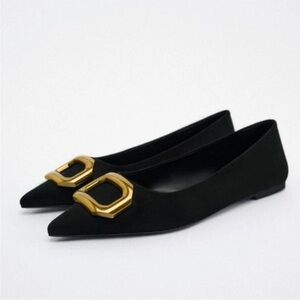 ZARA | black pointed toe embellished flats gold detail